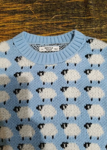 Mavi Nakışlı Örgü Kadın Kazak - Görsel 2