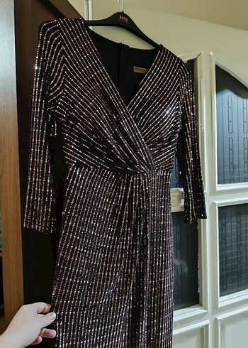 Parlak Kahverengi Drapeli Midi Abiye Elbise - Görsel 4