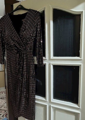 Parlak Kahverengi Drapeli Midi Abiye Elbise - Görsel 3