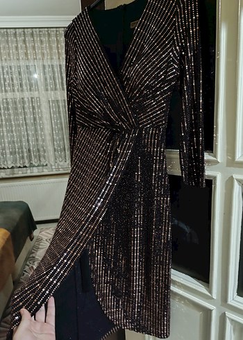 Parlak Kahverengi Drapeli Midi Abiye Elbise - Görsel 2