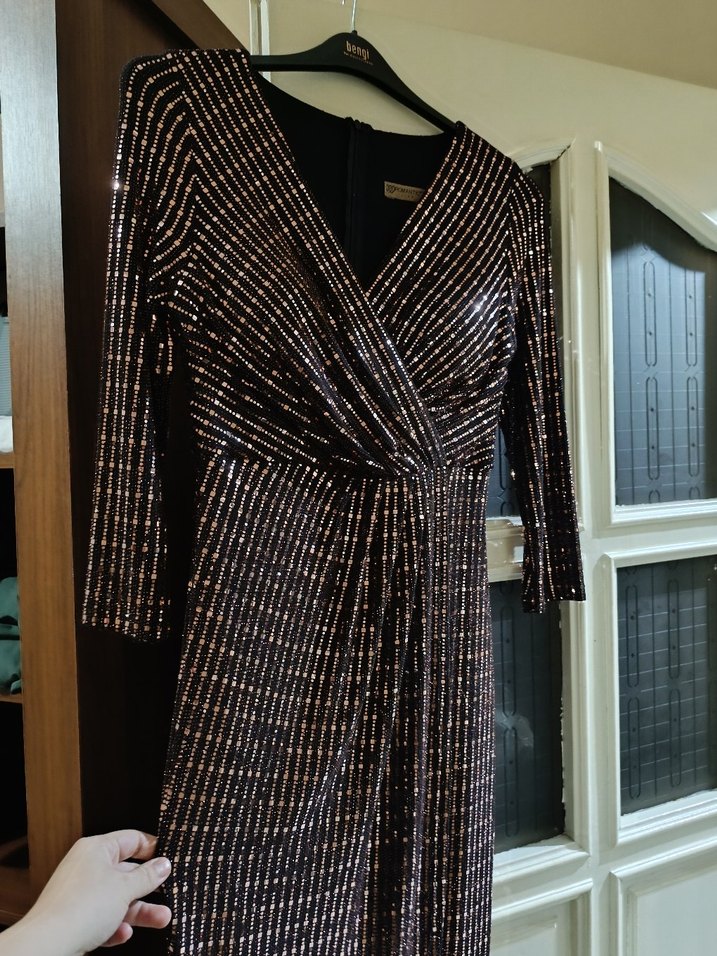 Parlak Kahverengi Drapeli Midi Abiye Elbise - Görsel 4