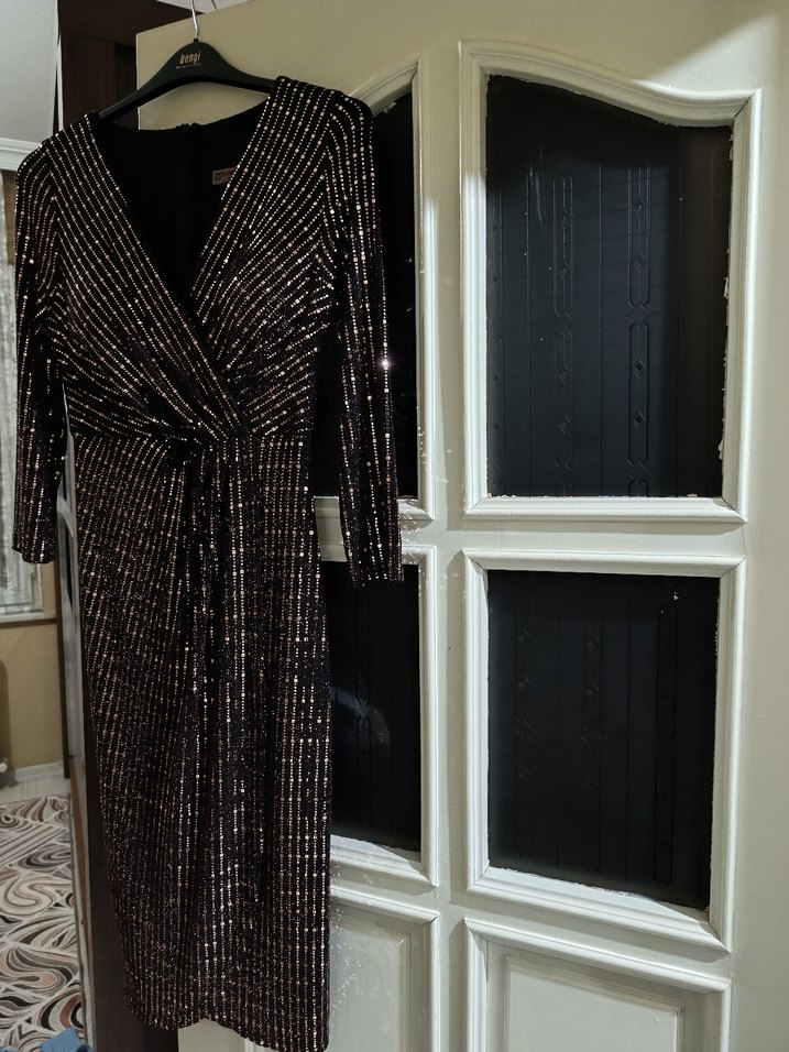 Parlak Kahverengi Drapeli Midi Abiye Elbise - Görsel 3