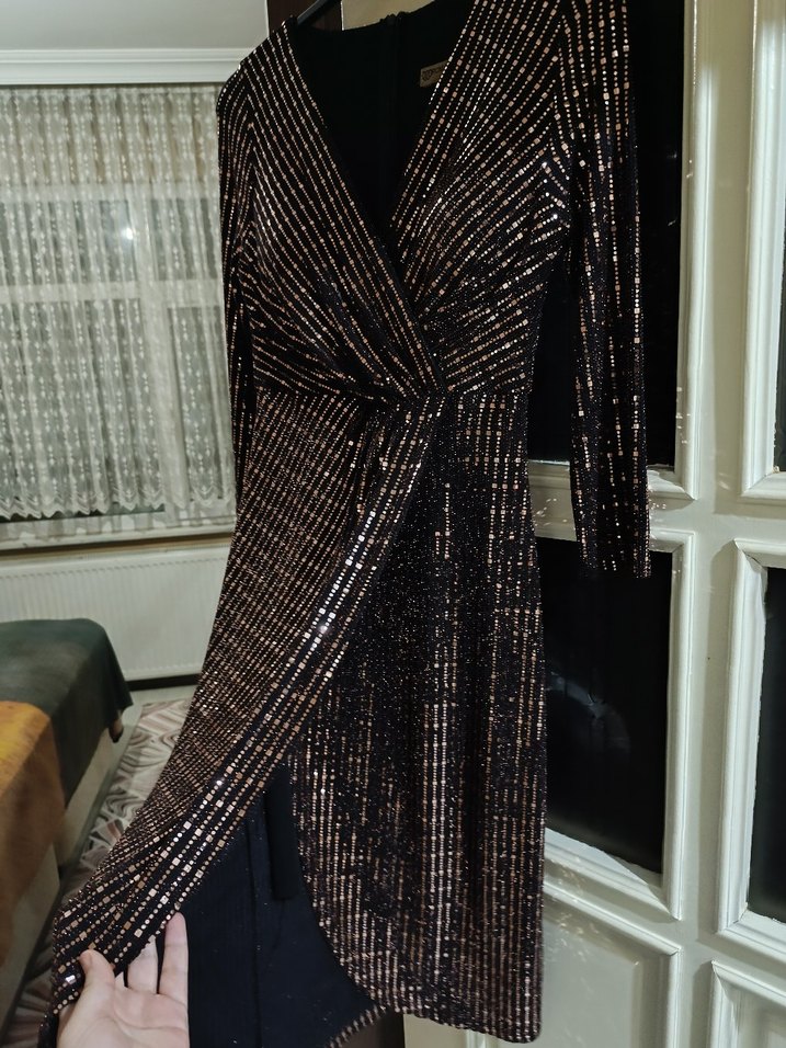 Parlak Kahverengi Drapeli Midi Abiye Elbise - Görsel 2