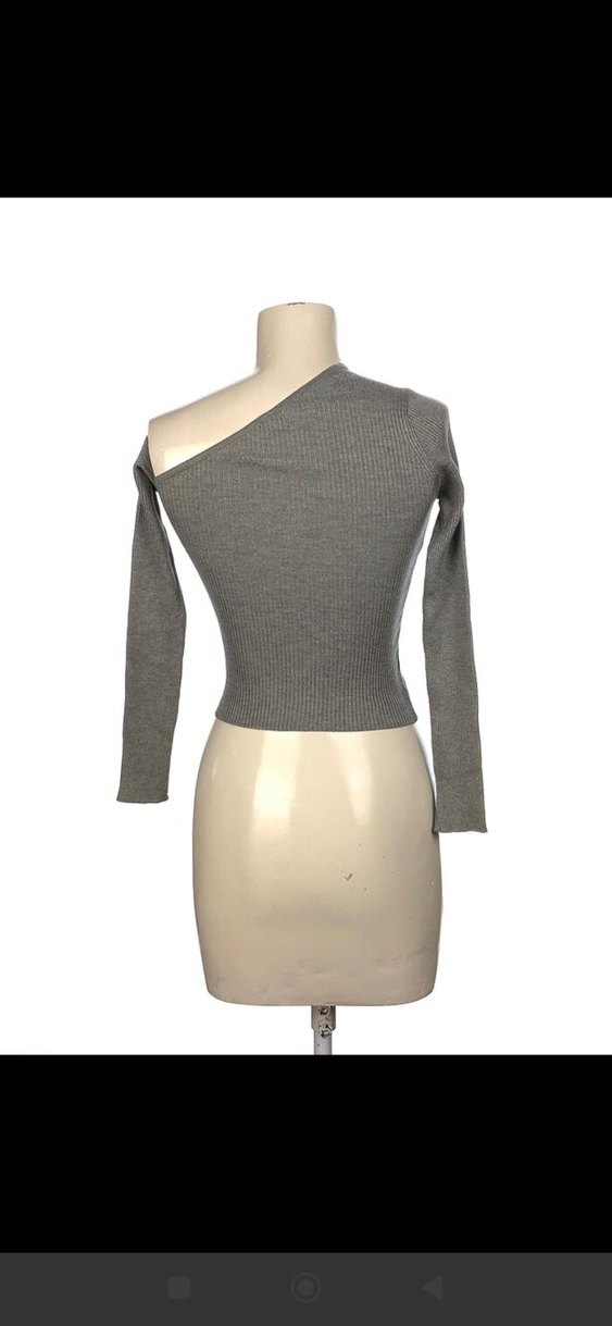 Gri Asimetrik Straplez Triko Kazak - Görsel 2