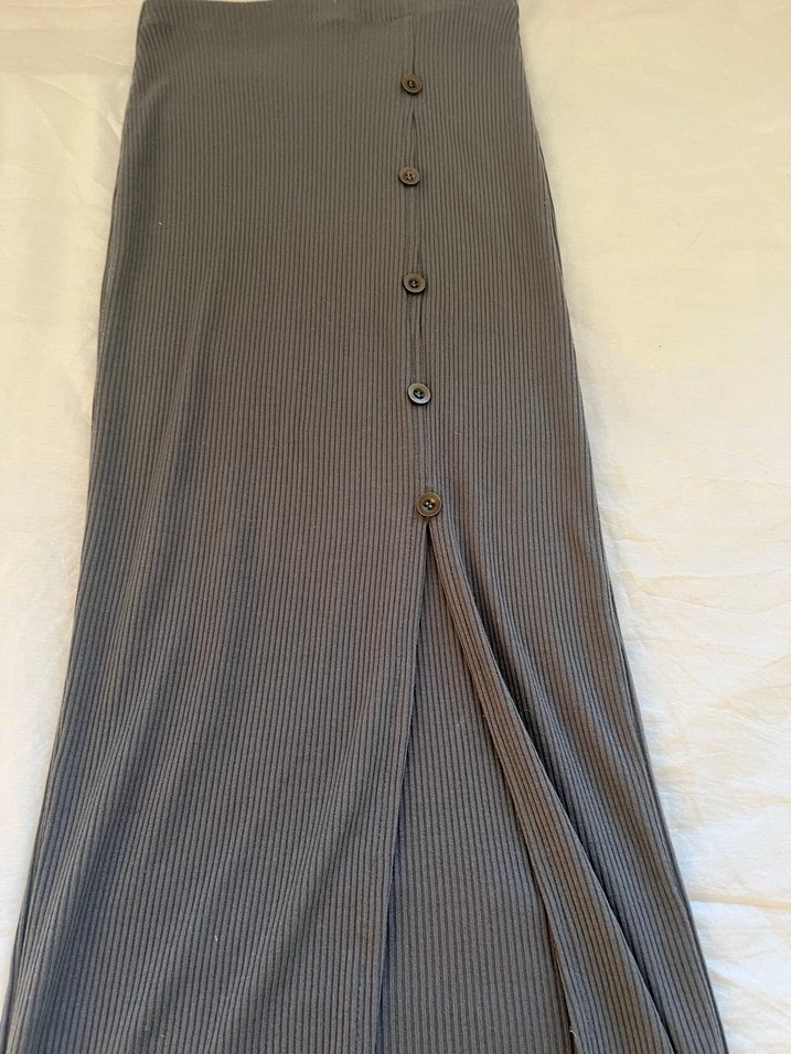 Düğmeli Gri Uzun Kadın Etek - Görsel 2