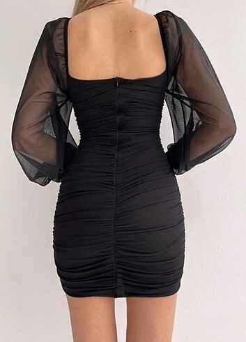 Uzun Tül Kol Detaylı Mini Elbise  - Görsel 2