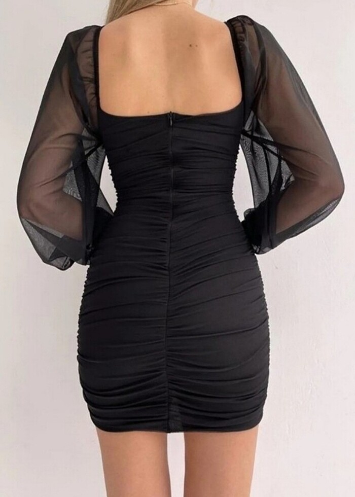 Uzun Tül Kol Detaylı Mini Elbise  - Görsel 2