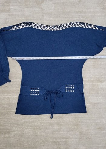 Uzun Kollu Kemerli Mavi Denim Kadın Kazak - Görsel 6