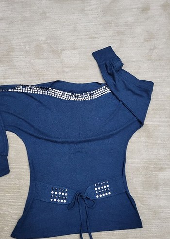 Uzun Kollu Kemerli Mavi Denim Kadın Kazak - Görsel 3