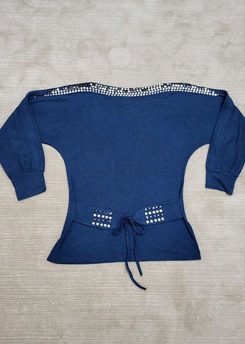 Uzun Kollu Kemerli Mavi Denim Kadın Kazak - Görsel 2