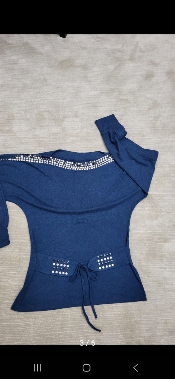 Uzun Kollu Kemerli Mavi Denim Kadın Kazak - Görsel 3