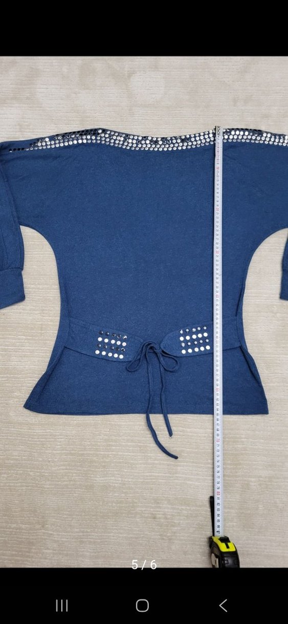 Uzun Kollu Kemerli Mavi Denim Kadın Kazak - Görsel 5