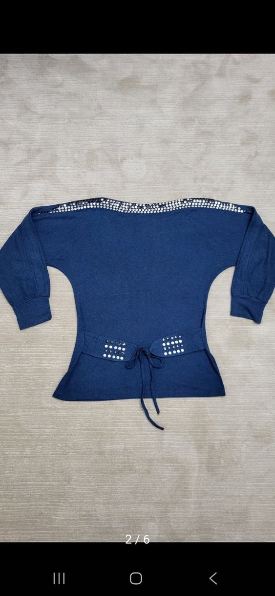 Uzun Kollu Kemerli Mavi Denim Kadın Kazak - Görsel 2