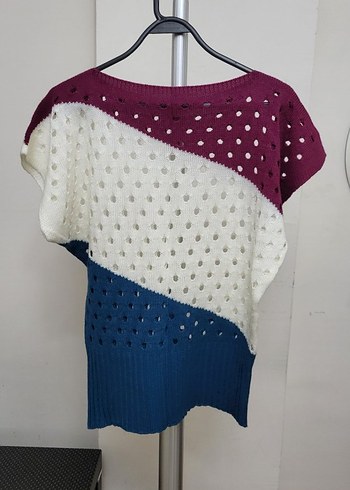 Renkli Örgü Kadın Kısa Kollu Kazak - Görsel 2