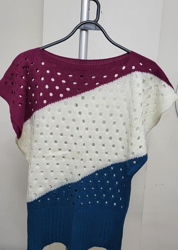 Renkli Örgü Kadın Kısa Kollu Kazak - Görsel 3