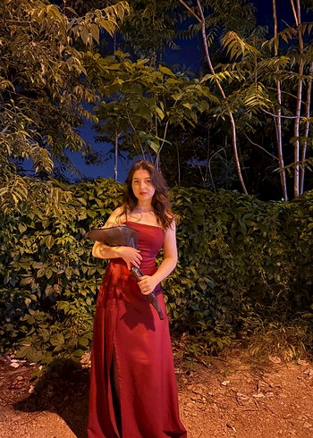 Bordo Straplez Midi Yırtmaçlı Drapeli Kadın Abiye - Görsel 3