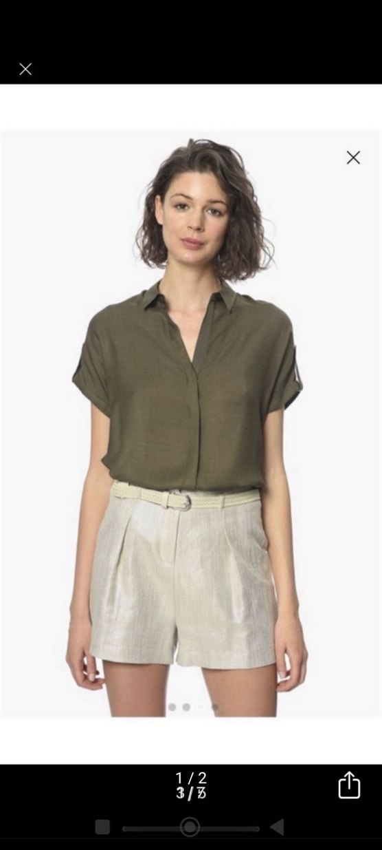 V Yaka Kısa Kollu Haki Kadın Gömlek - Görsel 2