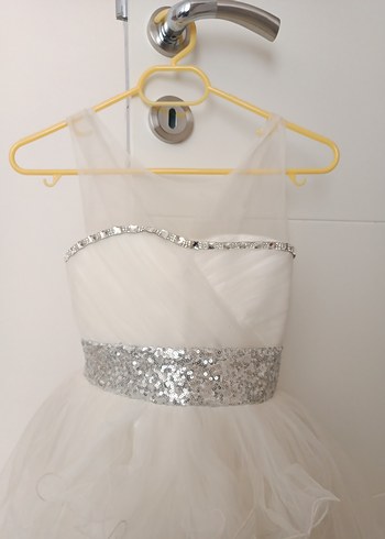 Kız çocuk Beyaz Straplez Uzun Mini Gelinlik - Görsel 4