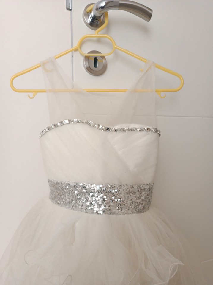 Kız çocuk Beyaz Straplez Uzun Mini Gelinlik - Görsel 4