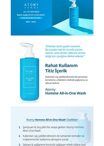  Beden Atomy ERKEK Homme Tüm Cilt Temizleyici 500 ml