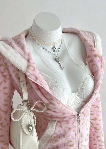 American Vintage Lolita coquette pembe leopar peluş hırka