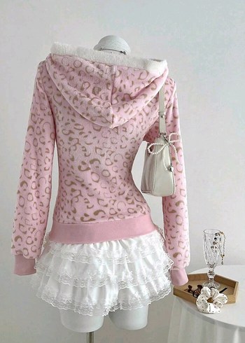 diğer Beden Lolita coquette pembe leopar peluş hırka