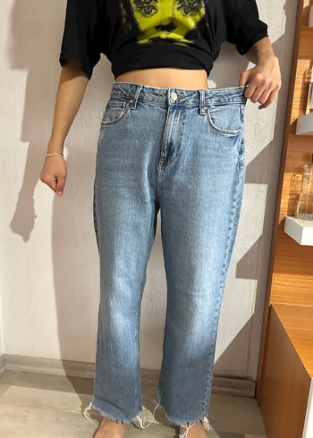 Kadın Mavi Bağlama Desenli Salaş Kot Pantolon - Görsel 2