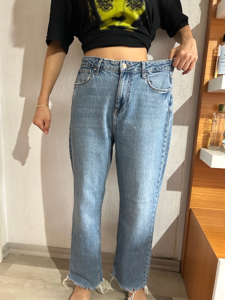 Kadın Mavi Bağlama Desenli Salaş Kot Pantolon - Görsel 2