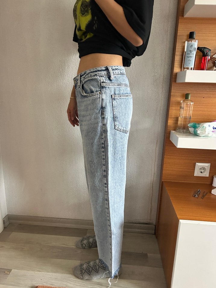 Gri Mavi Bağlama Desenli Salaş Kadın Kot - Görsel 2