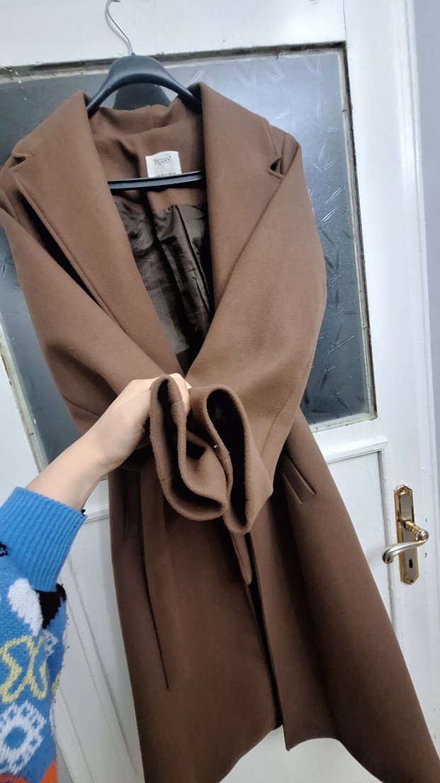 Kahverengi Süet Kemerli Kadın Uzun Kaban - Görsel 3