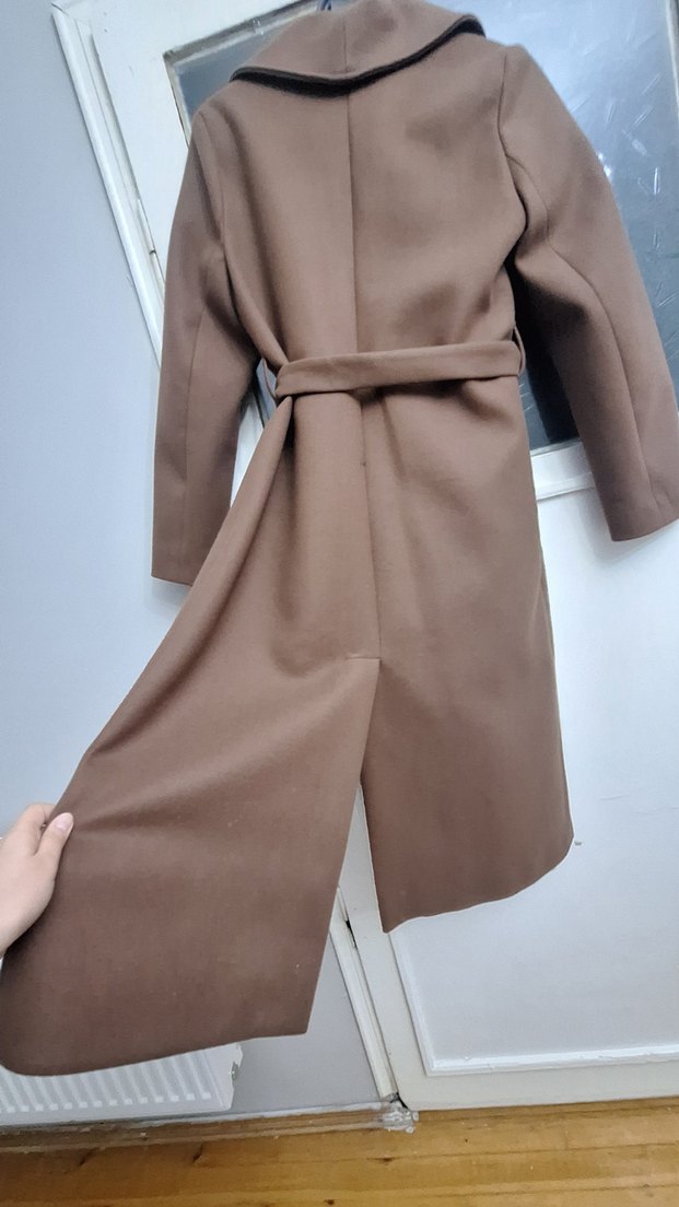 Kahverengi Süet Kemerli Kadın Uzun Kaban - Görsel 4