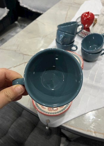 Desenli Tabaklı Koyu Mavi Seramik Fincan - Görsel 3