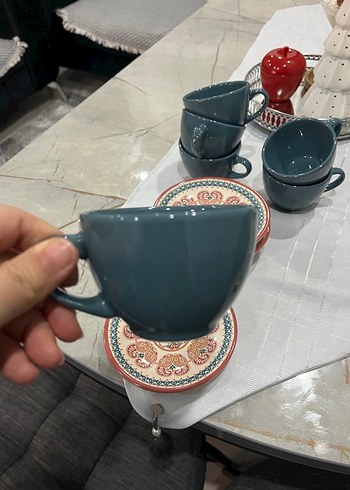 Desenli Tabaklı Koyu Mavi Seramik Fincan - Görsel 2