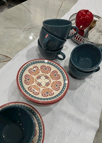 Desenli Tabaklı Koyu Mavi Seramik Fincan - Görsel 5