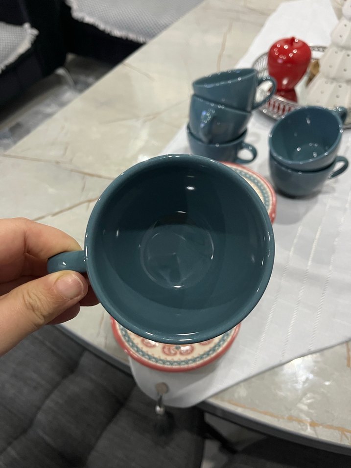 Desenli Tabaklı Koyu Mavi Seramik Fincan - Görsel 3