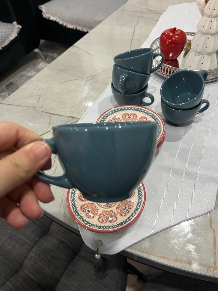 Desenli Tabaklı Koyu Mavi Seramik Fincan - Görsel 2