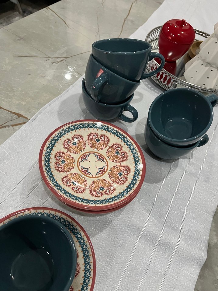 Desenli Tabaklı Koyu Mavi Seramik Fincan - Görsel 5