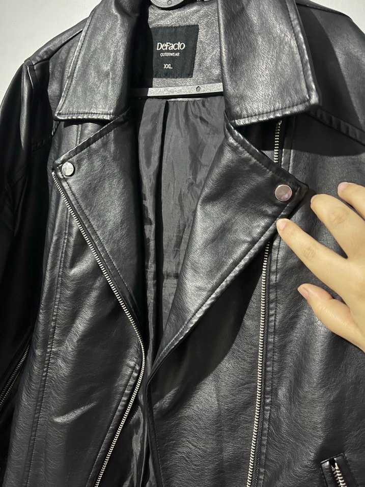 Siyah Kadın Deri Biker Ceket - Görsel 5