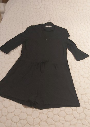 Siyah V Yakalı Fermuarlı Kadın Şort Tulum - Görsel 3