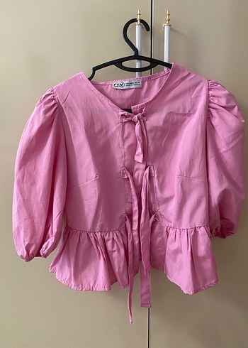 Pembe Keten Düğmeli Kız Bluzu