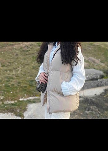 Bej Şişme Yelek, Kapüşonlu, Rahat Kesim - Görsel 2