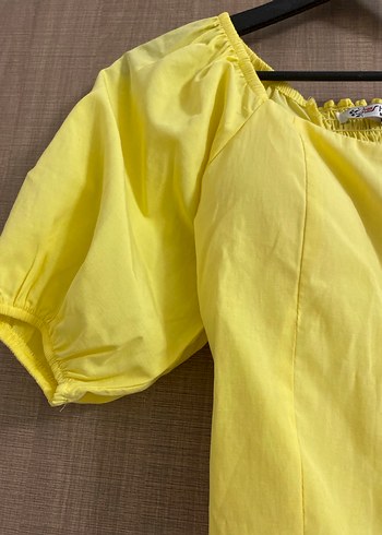 Sarı Kısa Kollu Mini Keten Bluz - Görsel 3
