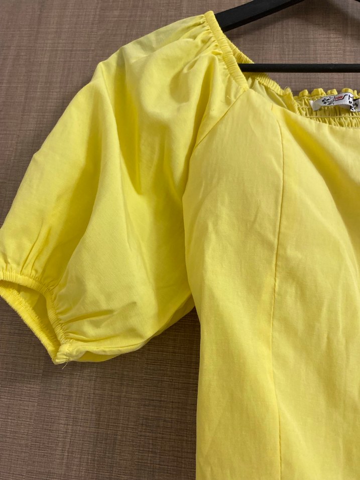 Sarı Kısa Kollu Mini Keten Bluz - Görsel 3