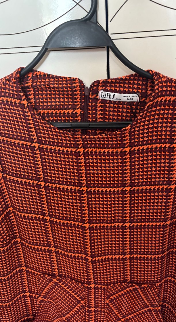 Kırmızı Kareli Kemerli Midi Elbise - Görsel 2