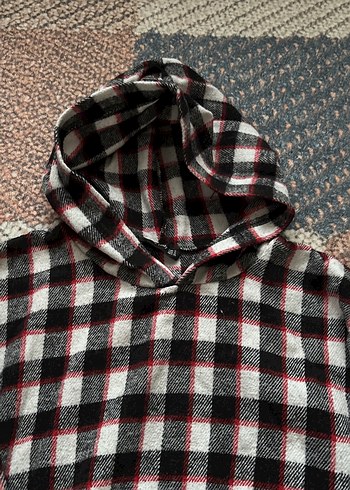 Kapüşonlu Kareli Gri Kadın Sweatshirt - Görsel 2