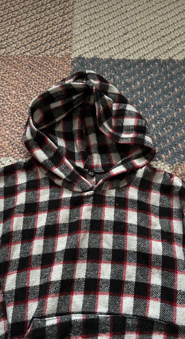 Kapüşonlu Kareli Gri Kadın Sweatshirt - Görsel 2