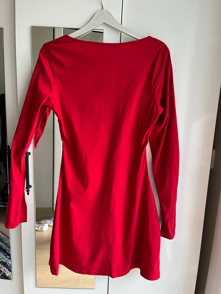 Kırmızı Drapeli Uzun Kollu Mini Elbise - Görsel 2