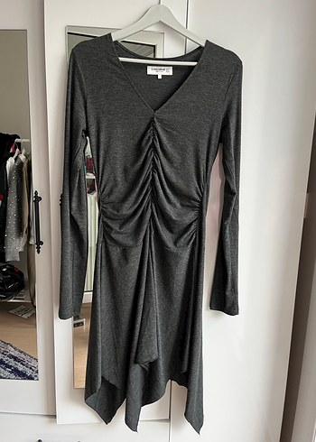 Uzun Kollu Gri V Yaka Triko Elbise - Görsel 2