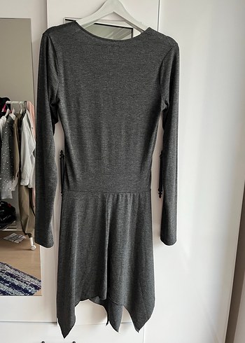 Uzun Kollu Gri V Yaka Triko Elbise - Görsel 3