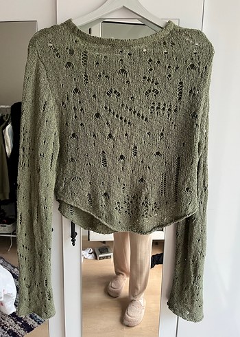 Uzun Kollu Gri Örgü Kadın Kazak - Görsel 2